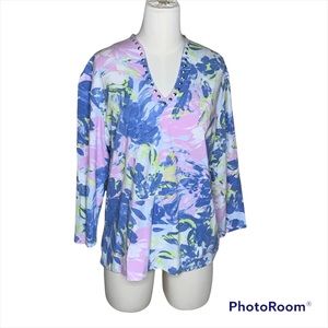 Ruby Rd. Blue Pink Lime Green Tunic Blouse Top 3/4 Sleeve - Size L
